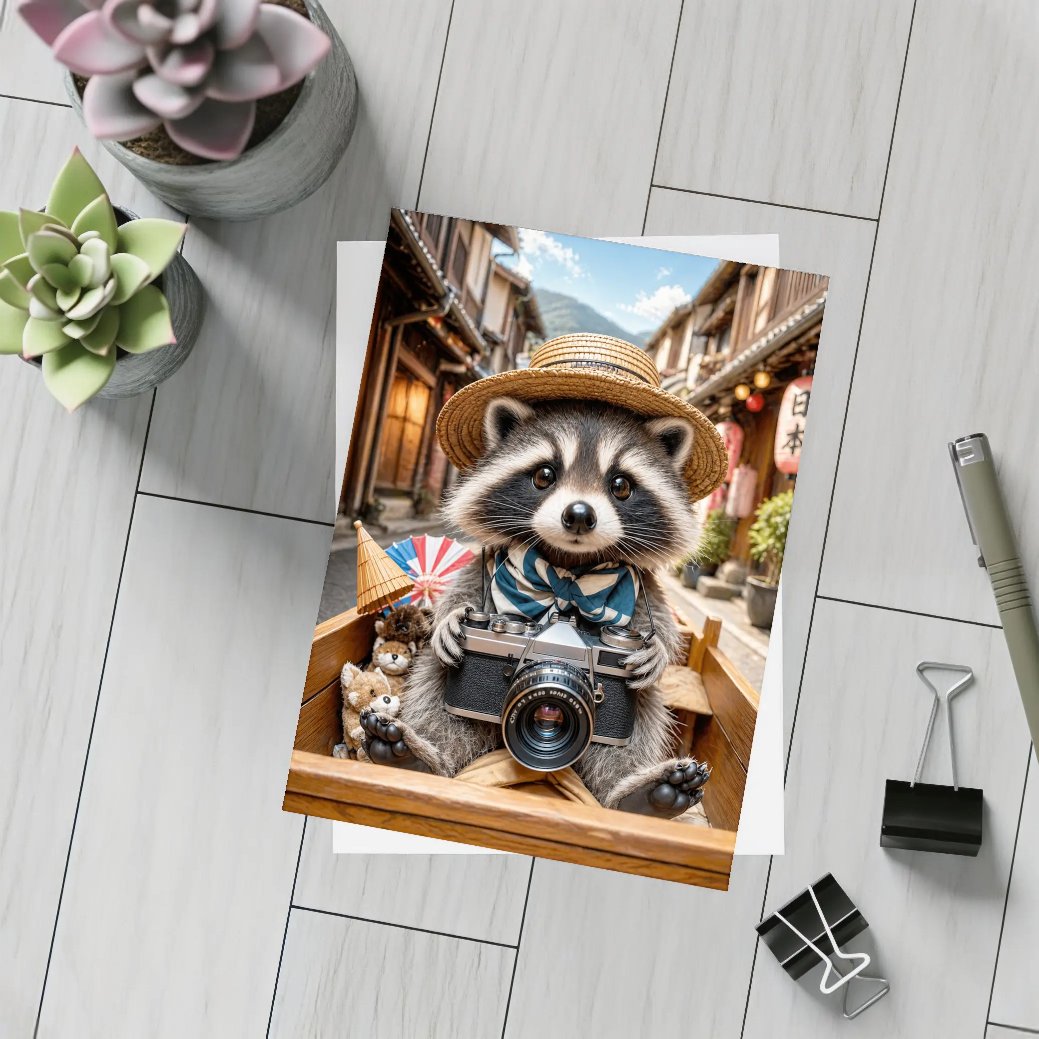Raccoon Tourist With Camera Japanese Street – Postcards