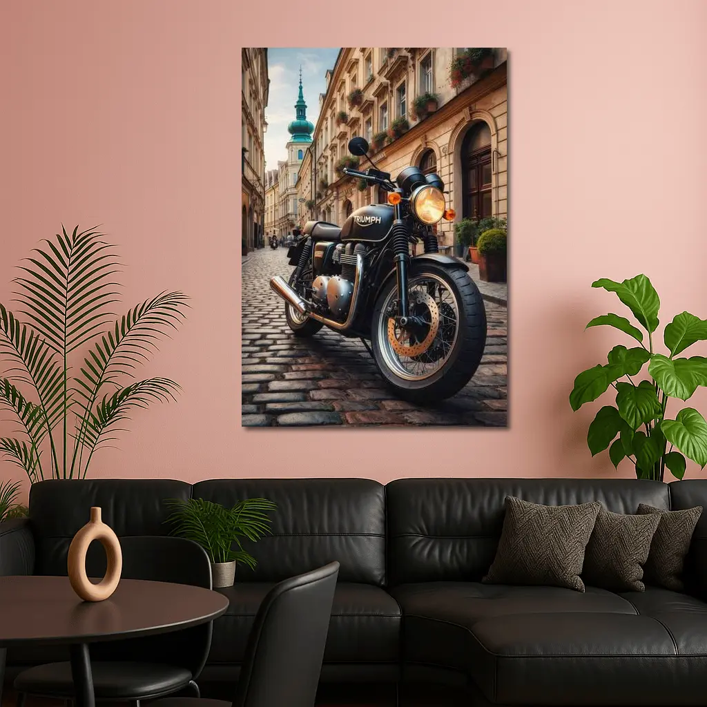 Triumph Motorcycle Parked on European Cobblestone Street – Wall Art