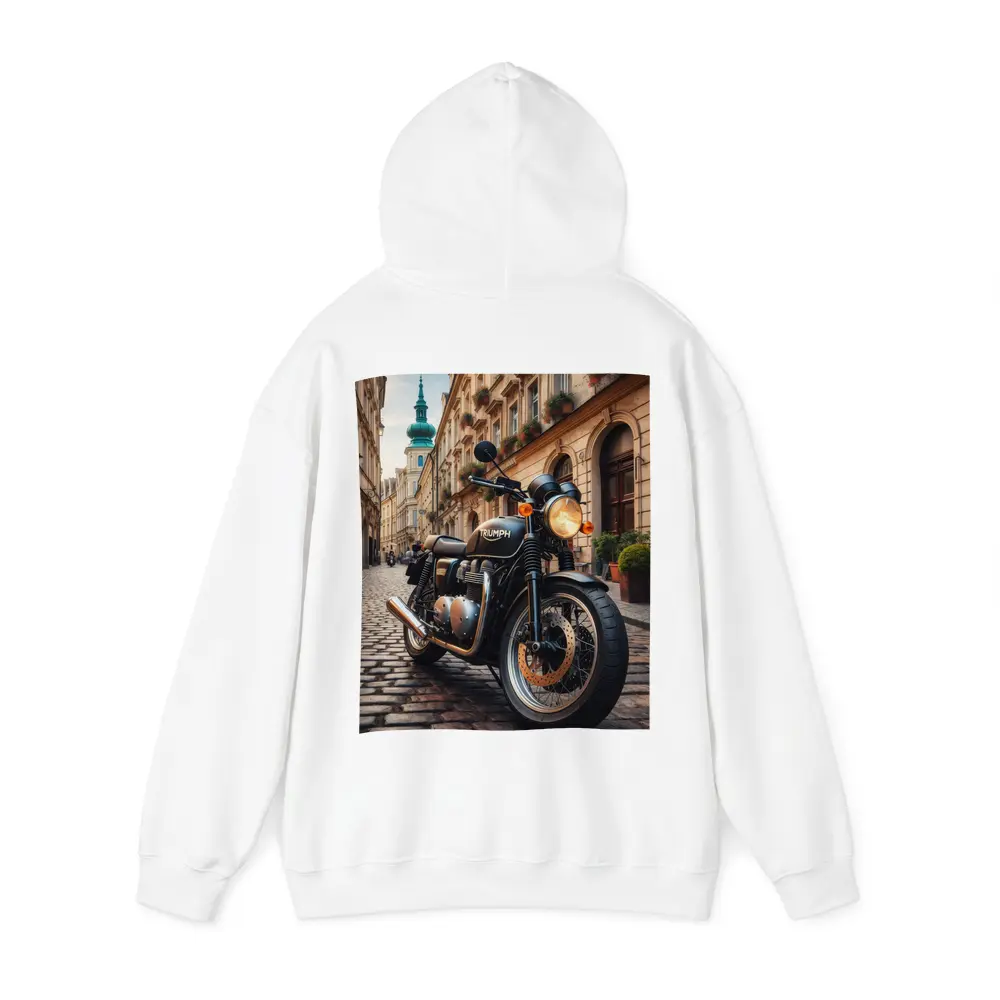 Triumph Motorcycle Parked on European Cobblestone Street – Hoodies