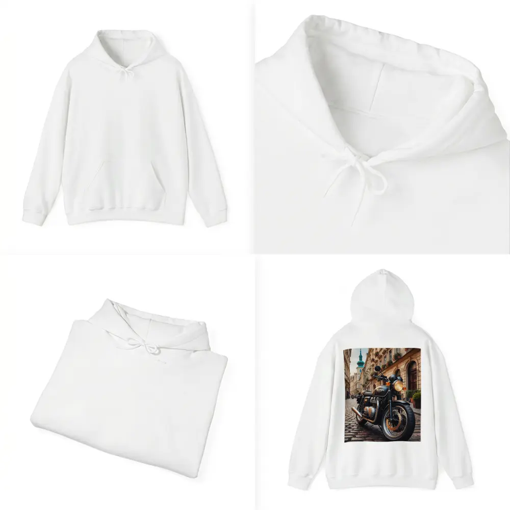 Triumph Motorcycle Parked on European Cobblestone Street – Hoodies