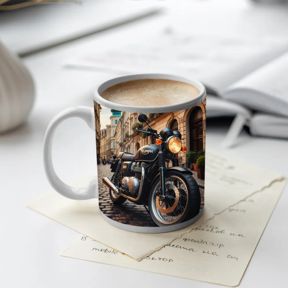 Triumph Motorcycle Parked on European Cobblestone Street – Mugs