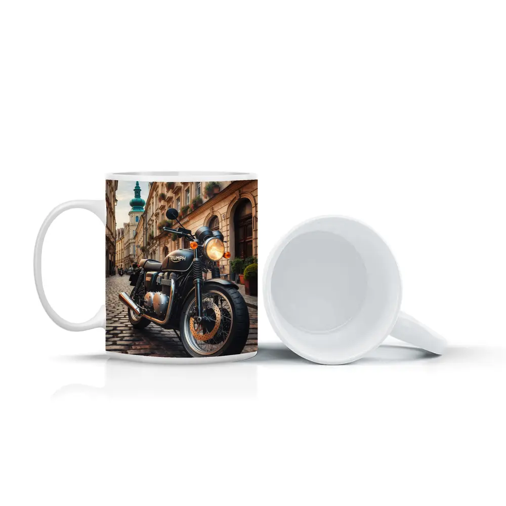 Triumph Motorcycle Parked on European Cobblestone Street – Mugs