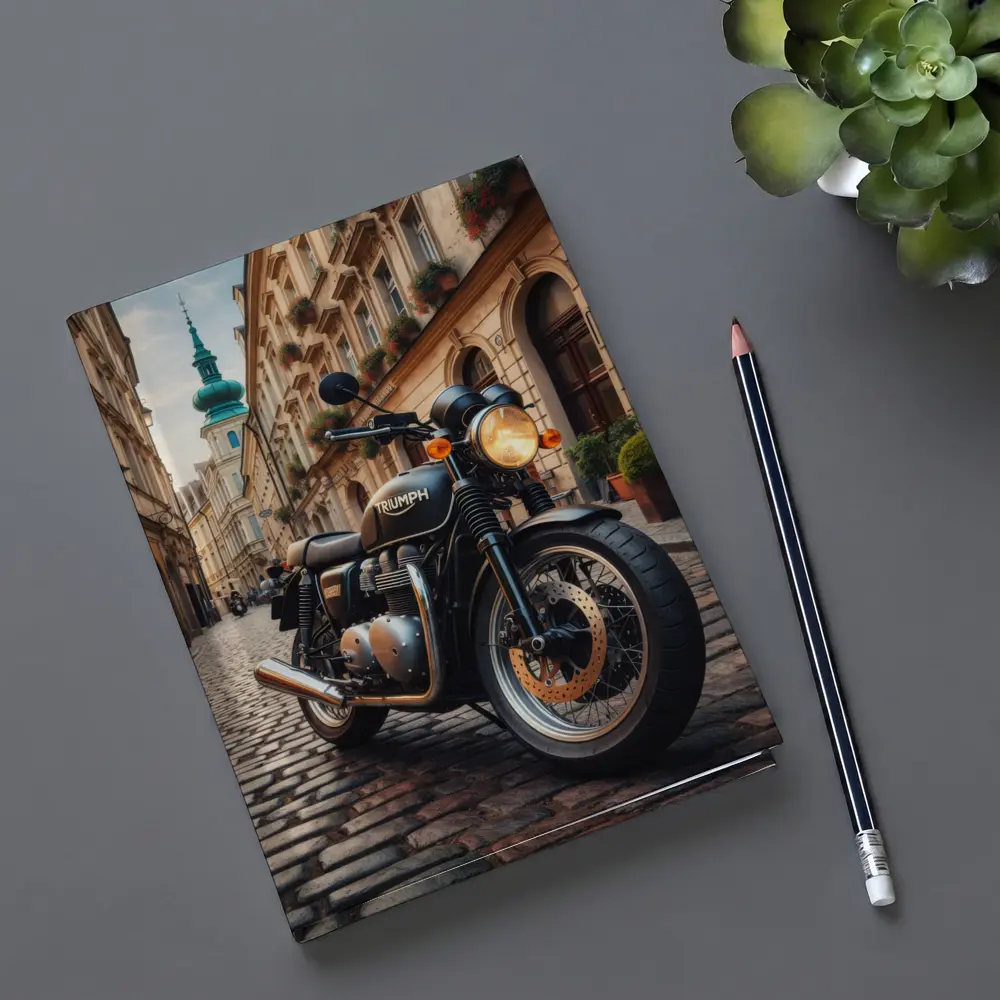 Triumph Motorcycle Parked on European Cobblestone Street – Notebooks