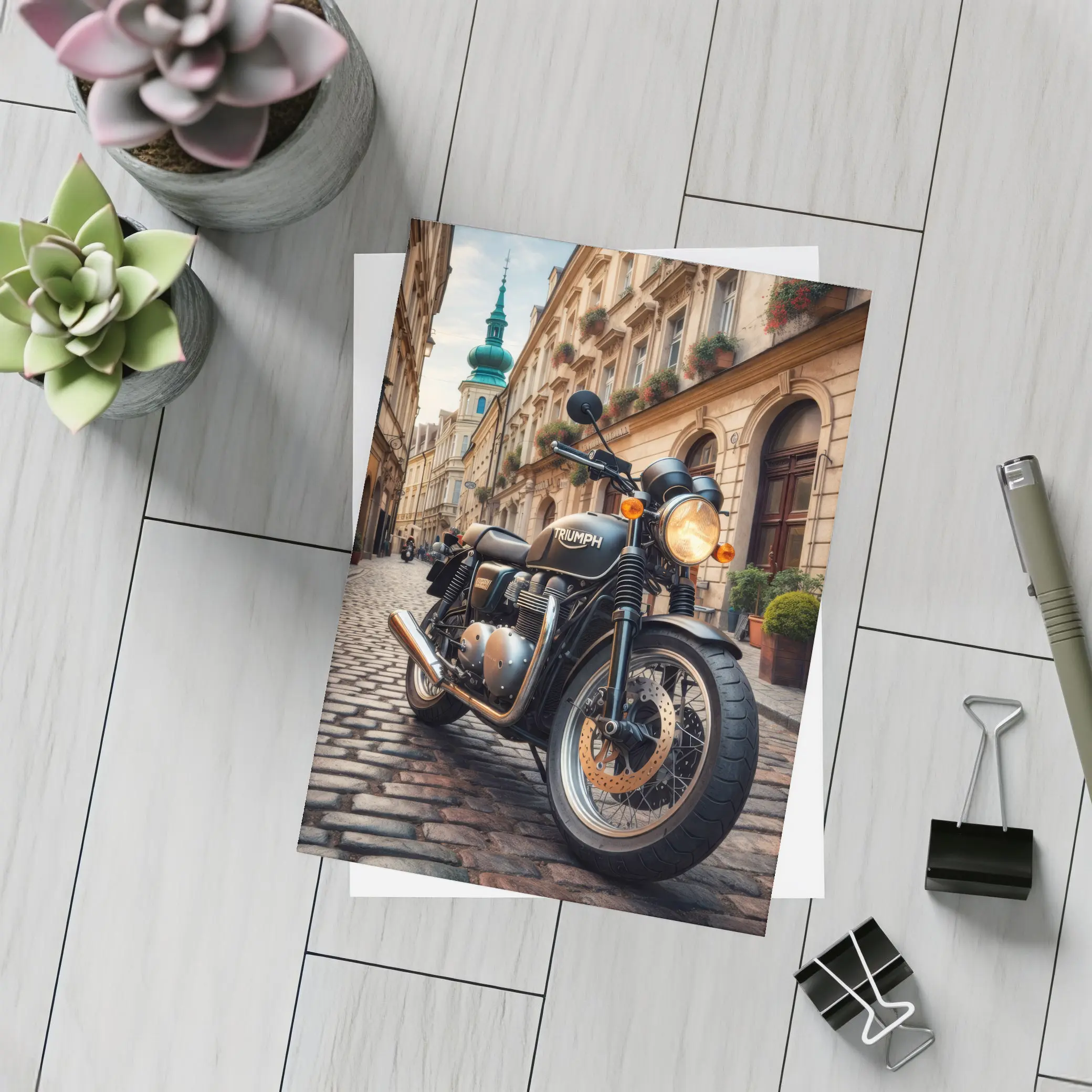 Triumph Motorcycle Parked on European Cobblestone Street – Postcards