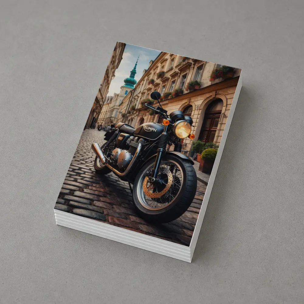 Triumph Motorcycle Parked on European Cobblestone Street – Postcards