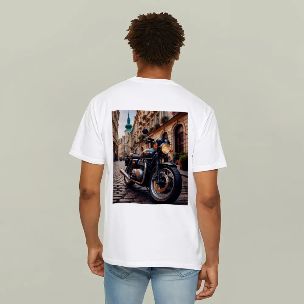 Triumph Motorcycle Parked on European Cobblestone Street – T-Shirts