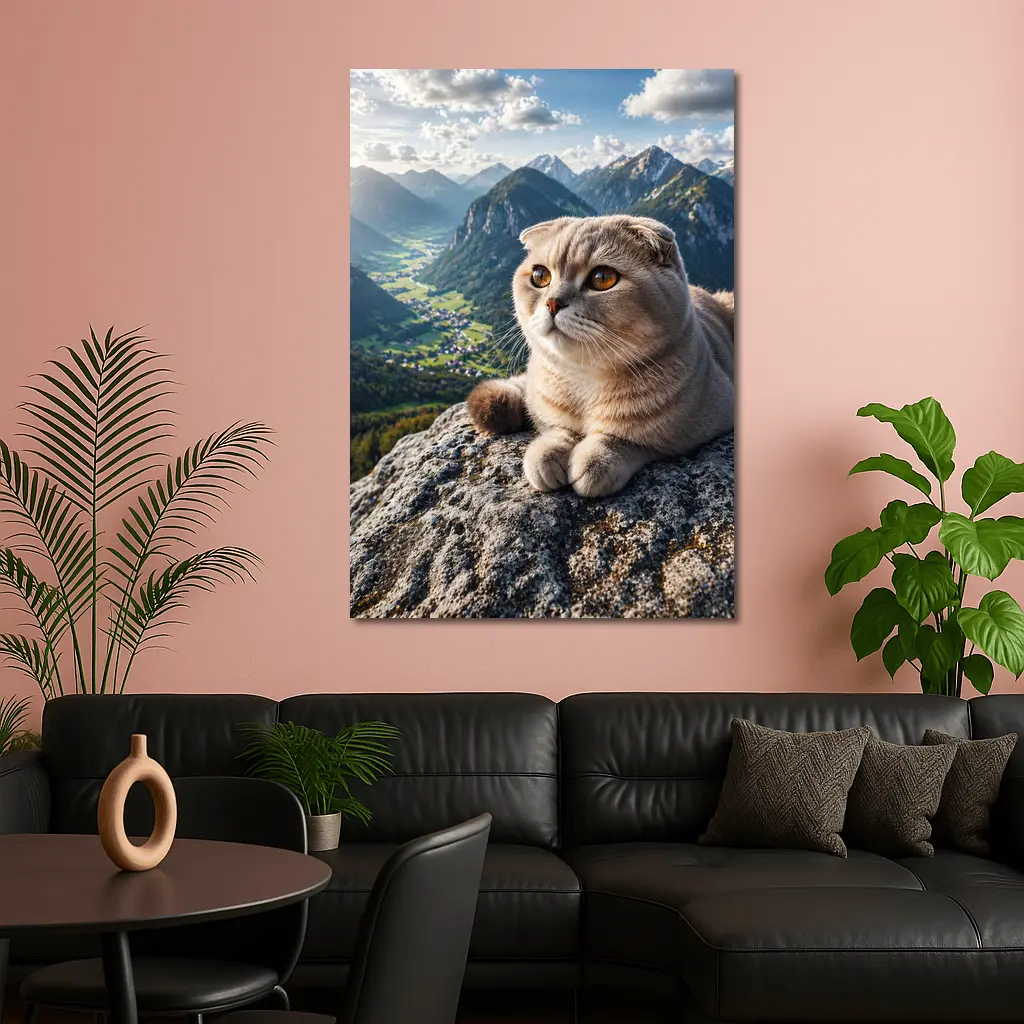 Scottish Fold Cat Resting On Mountain Peak – Wall Art