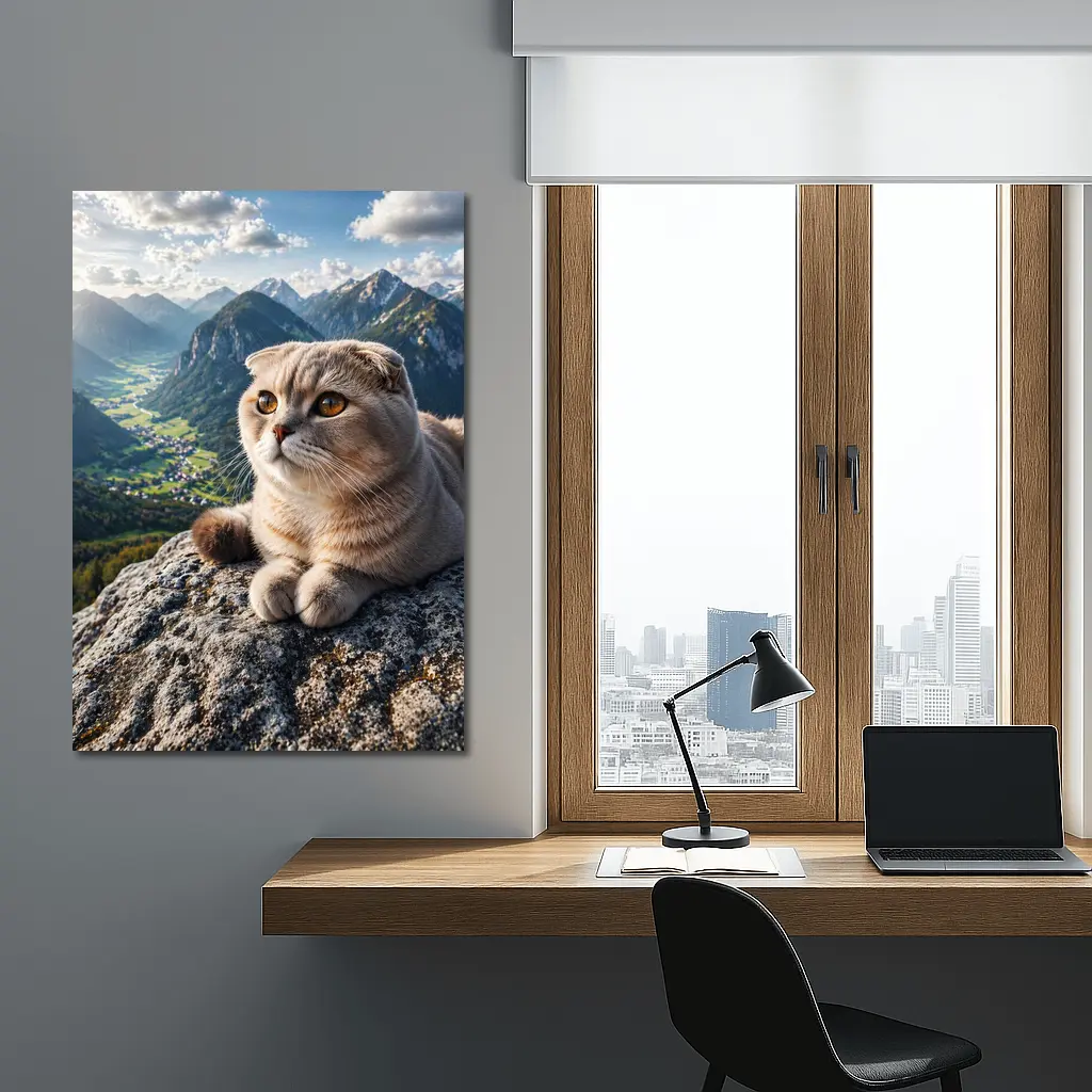 Scottish Fold Cat Resting On Mountain Peak – Wall Art