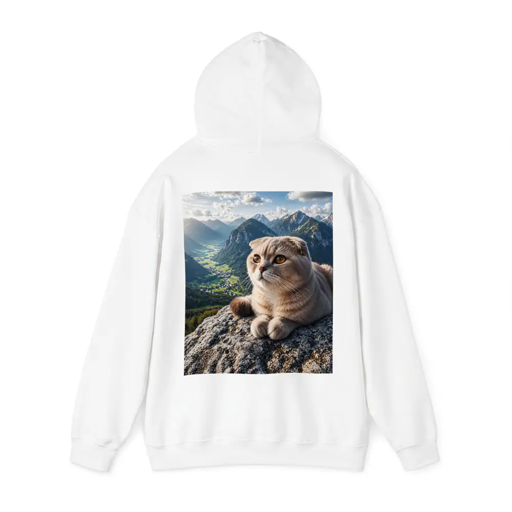 Scottish Fold Cat Resting On Mountain Peak – Hoodies