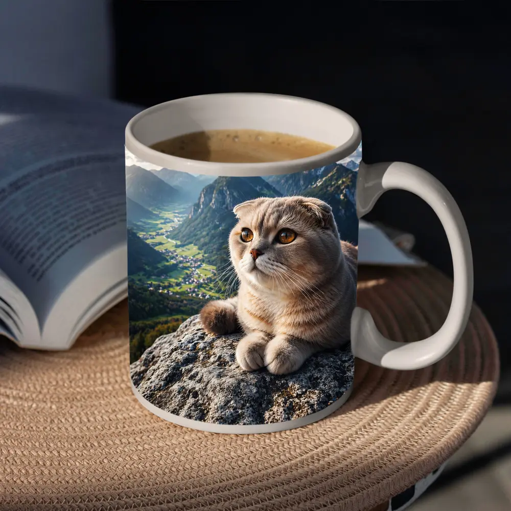 Scottish Fold Cat Resting On Mountain Peak – Mugs