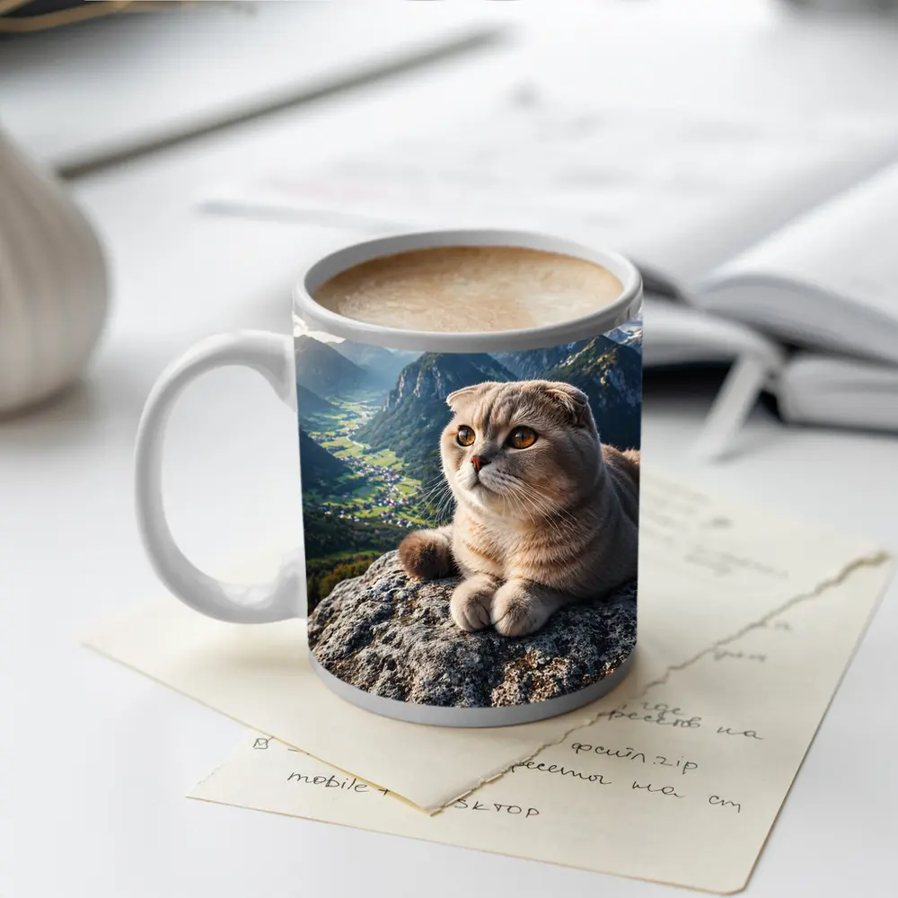 Scottish Fold Cat Resting On Mountain Peak – Mugs