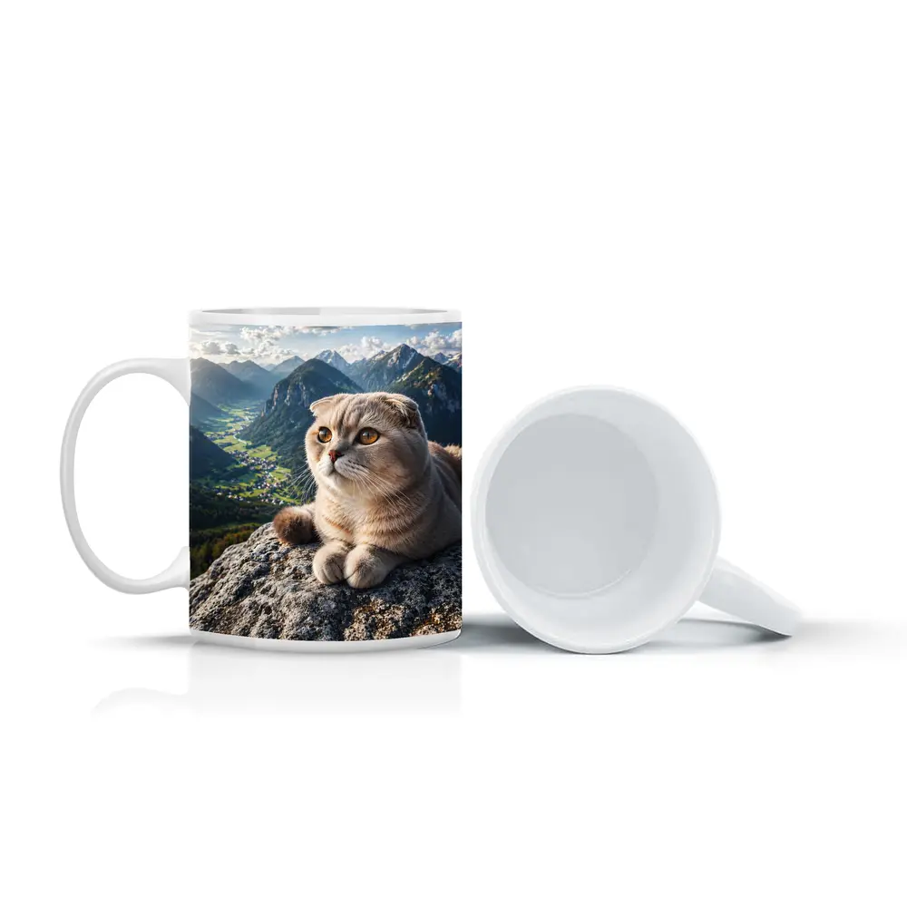 Scottish Fold Cat Resting On Mountain Peak – Mugs