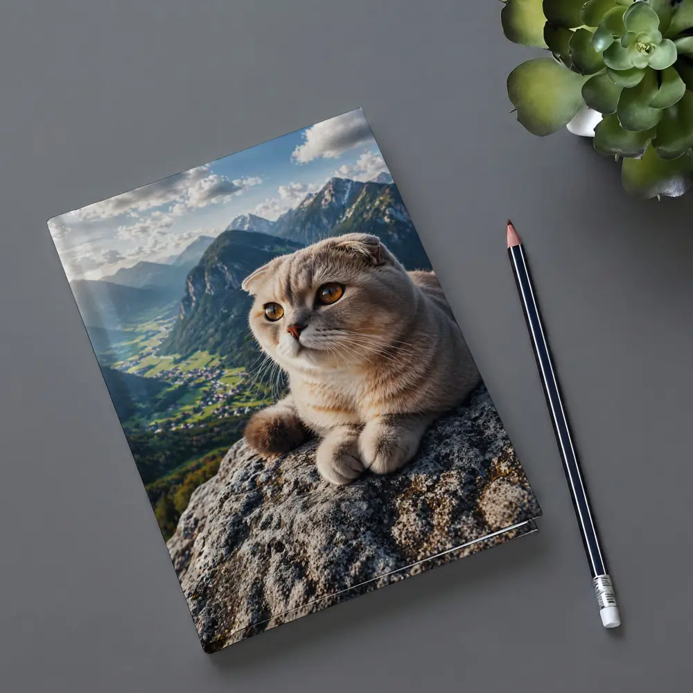 Scottish Fold Cat Resting On Mountain Peak – Notebooks