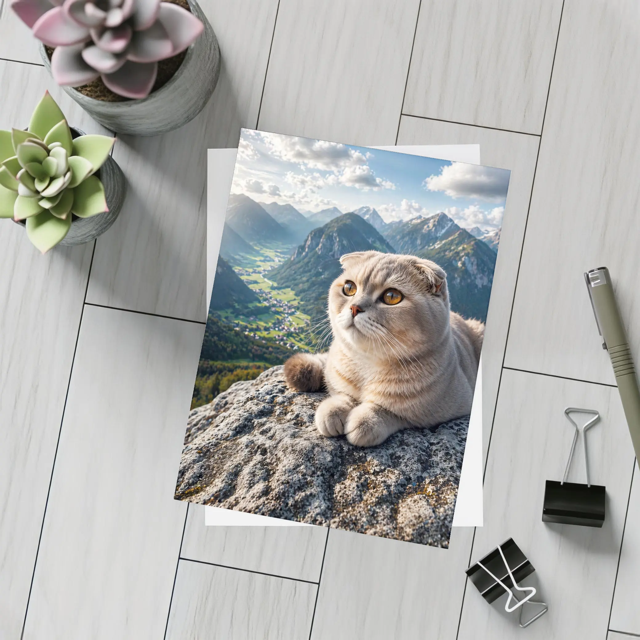 Scottish Fold Cat Resting On Mountain Peak – Postcards
