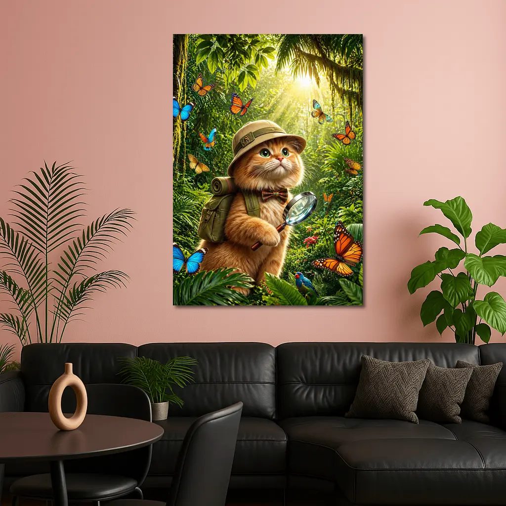 Explorer Cat With Butterflies In Jungle – Wall Art