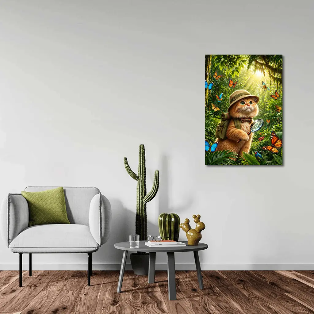 Explorer Cat With Butterflies In Jungle – Wall Art