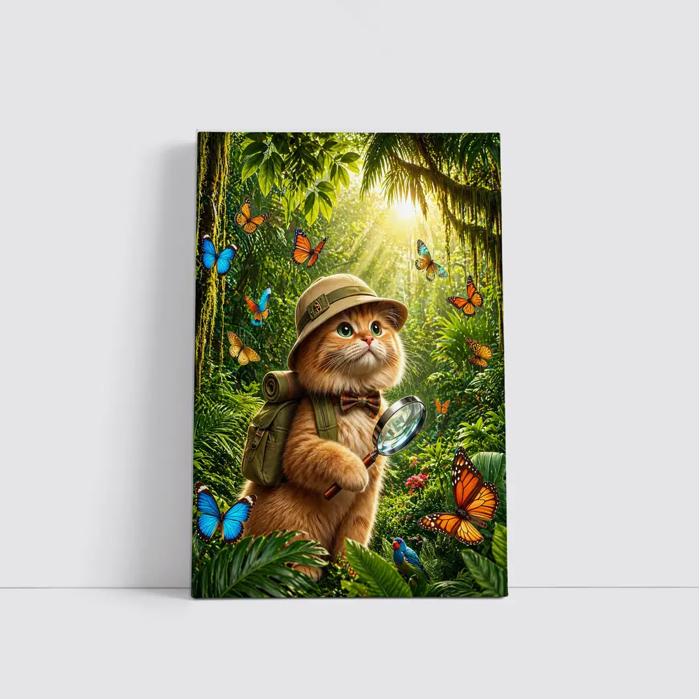 Explorer Cat With Butterflies In Jungle – Wall Art