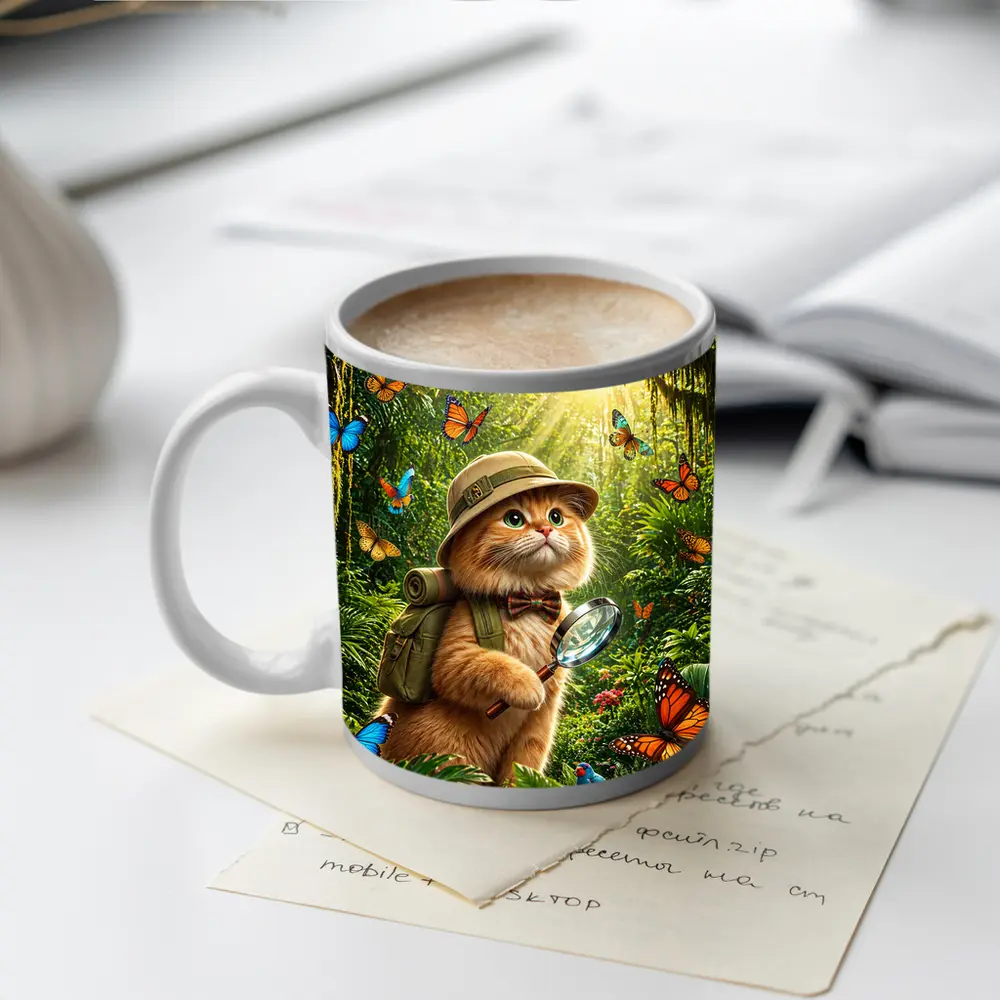 Explorer Cat With Butterflies In Jungle – Mugs