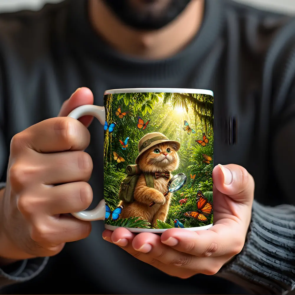 Explorer Cat With Butterflies In Jungle – Mugs