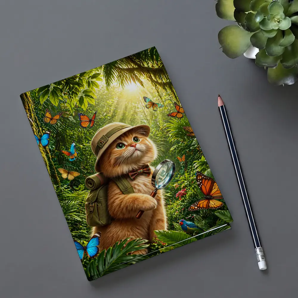 Explorer Cat With Butterflies In Jungle – Notebooks