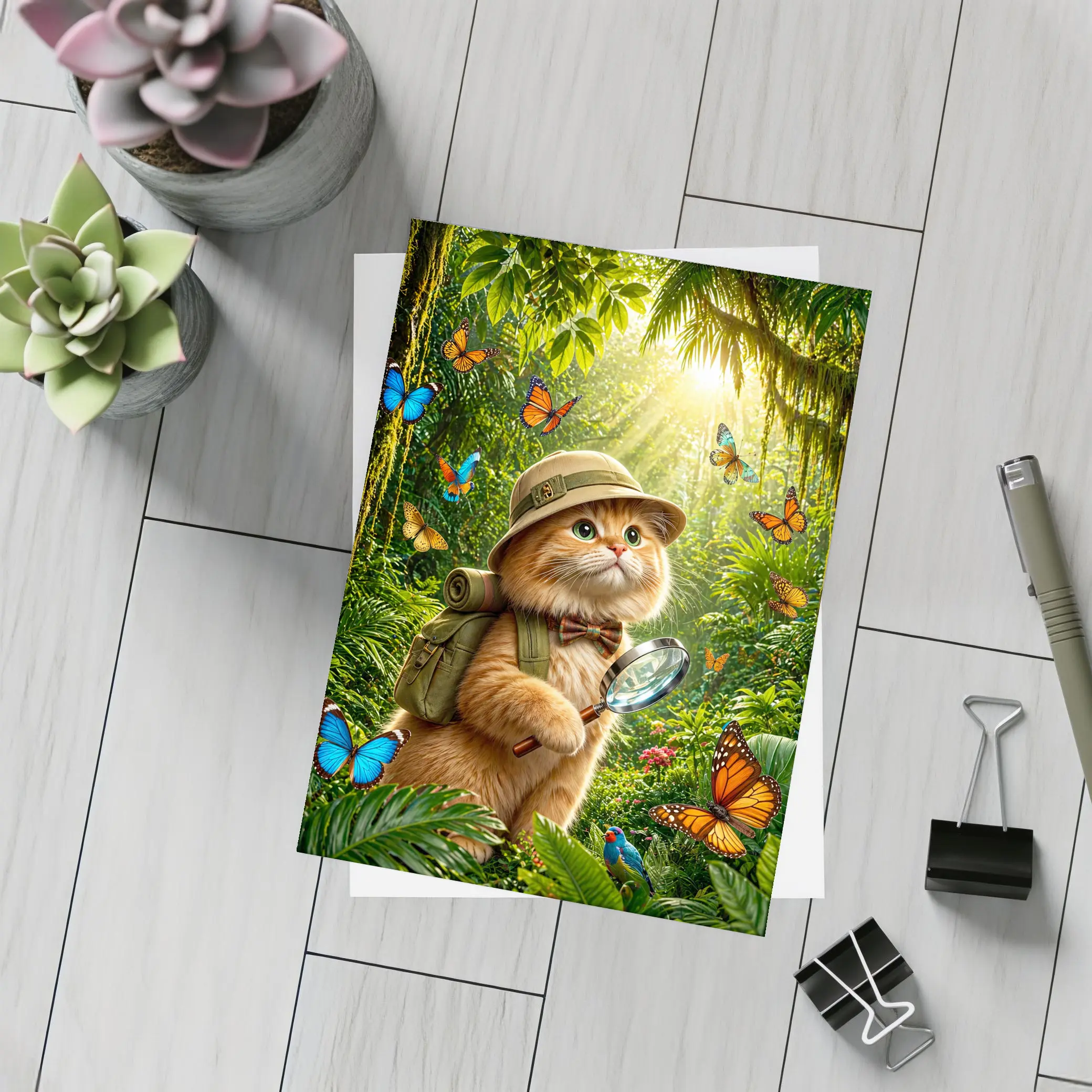 Explorer Cat With Butterflies In Jungle – Postcards