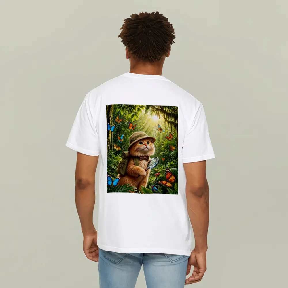 Explorer Cat With Butterflies In Jungle – T-Shirts