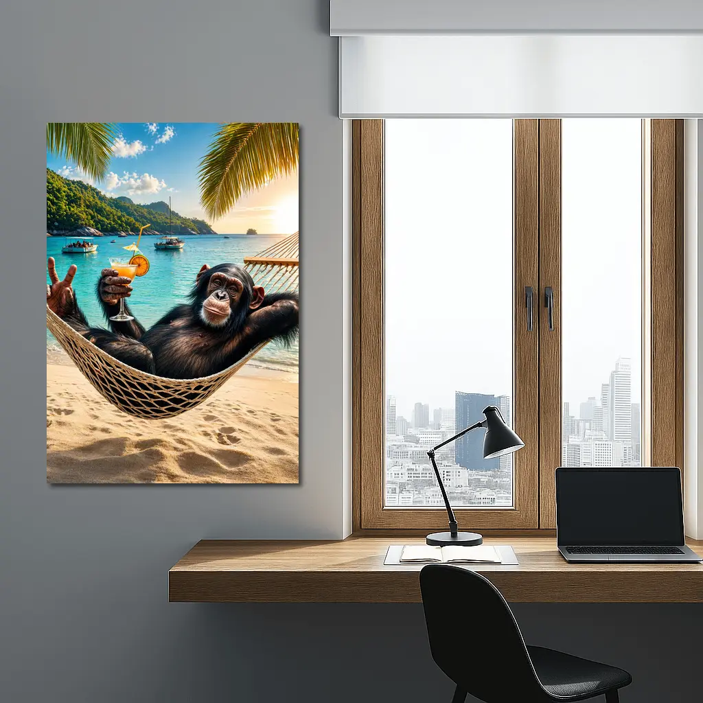 Chimpanzee Relaxing in Hammock Tropical Beach – Wall Art