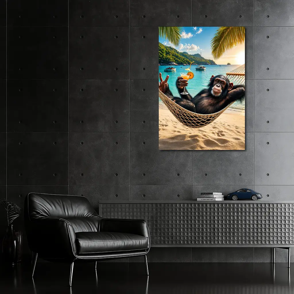 Chimpanzee Relaxing in Hammock Tropical Beach – Wall Art