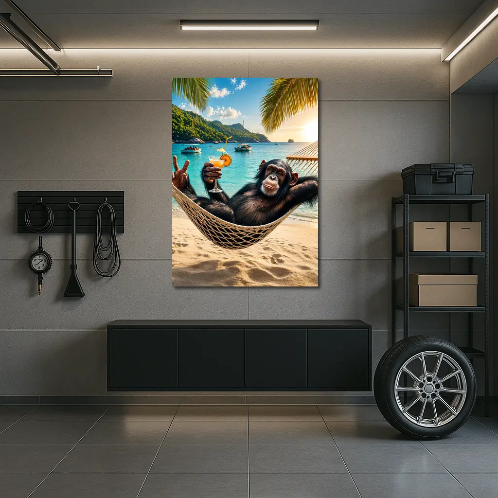 Chimpanzee Relaxing in Hammock Tropical Beach – Wall Art