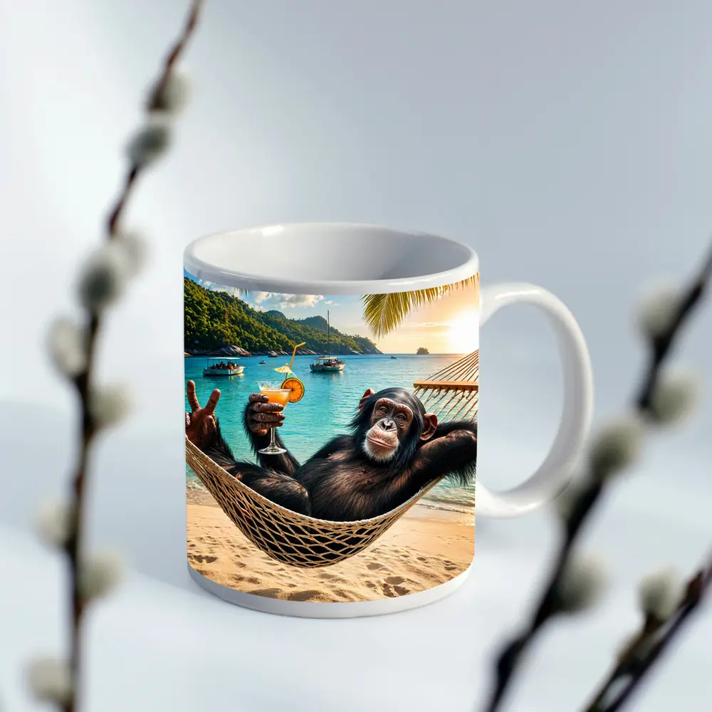 Chimpanzee Relaxing in Hammock Tropical Beach – Mugs