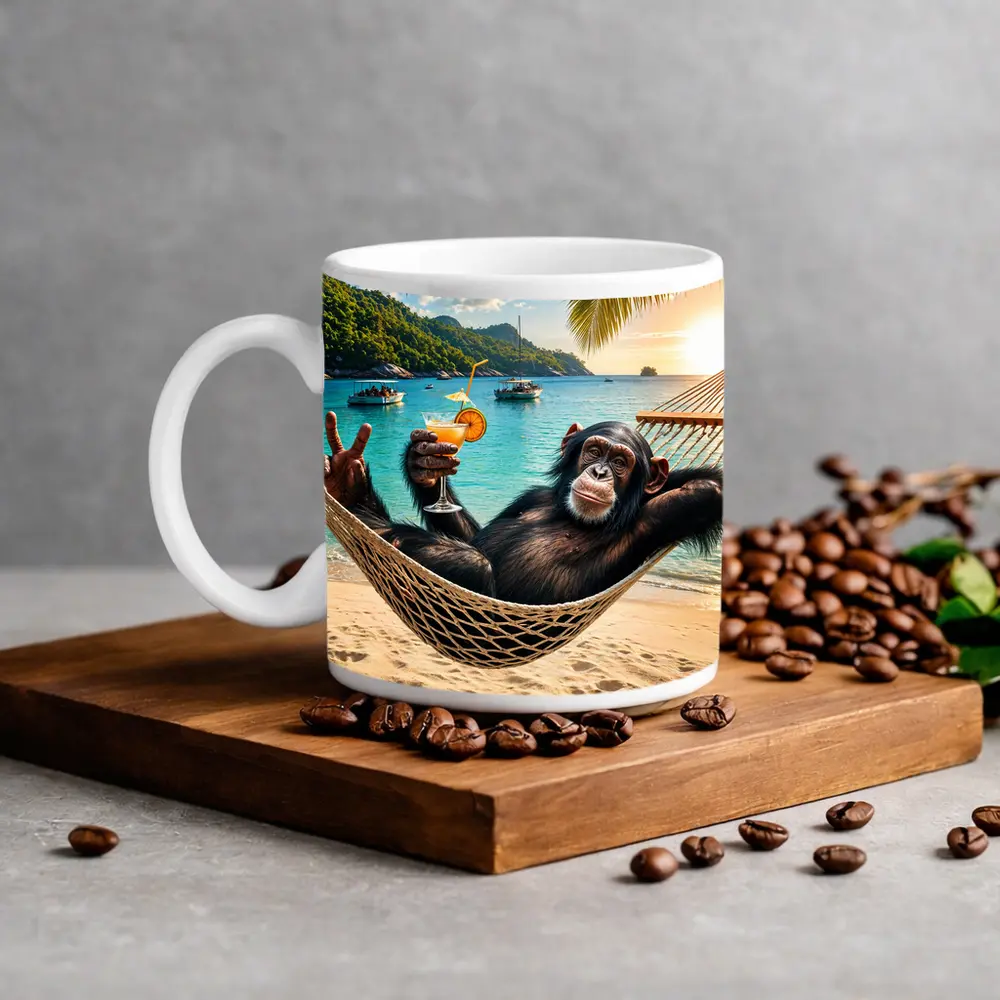 Chimpanzee Relaxing in Hammock Tropical Beach – Mugs
