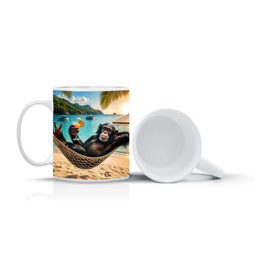 Chimpanzee Relaxing in Hammock Tropical Beach – Mugs