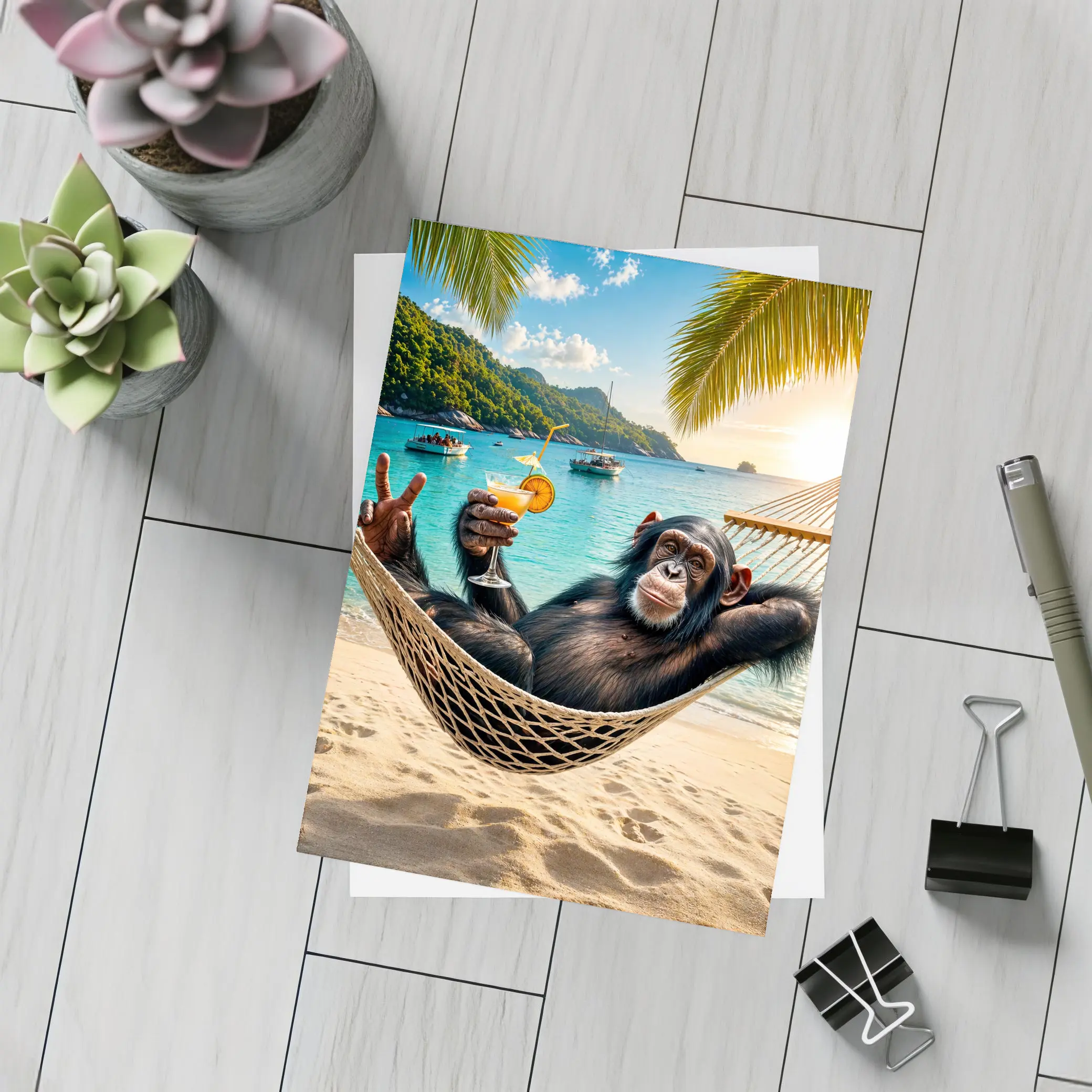 Chimpanzee Relaxing in Hammock Tropical Beach – Postcards