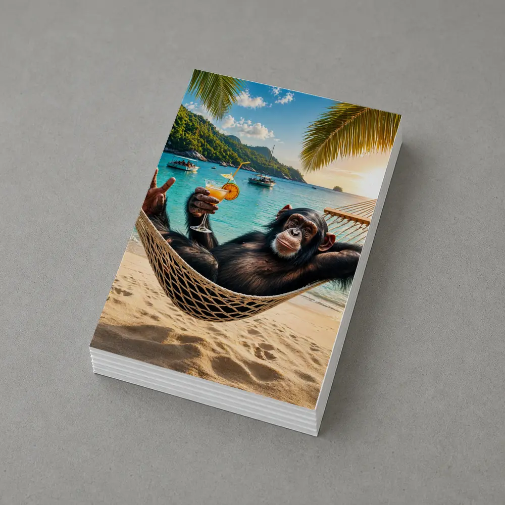 Chimpanzee Relaxing in Hammock Tropical Beach – Postcards