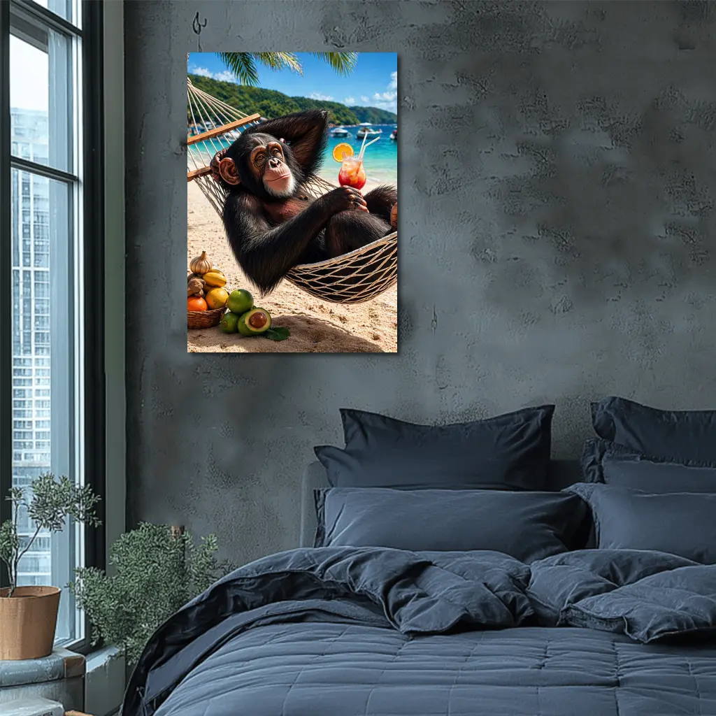 Chimpanzee Relaxing in Hammock Beach Cocktail – Wall Art