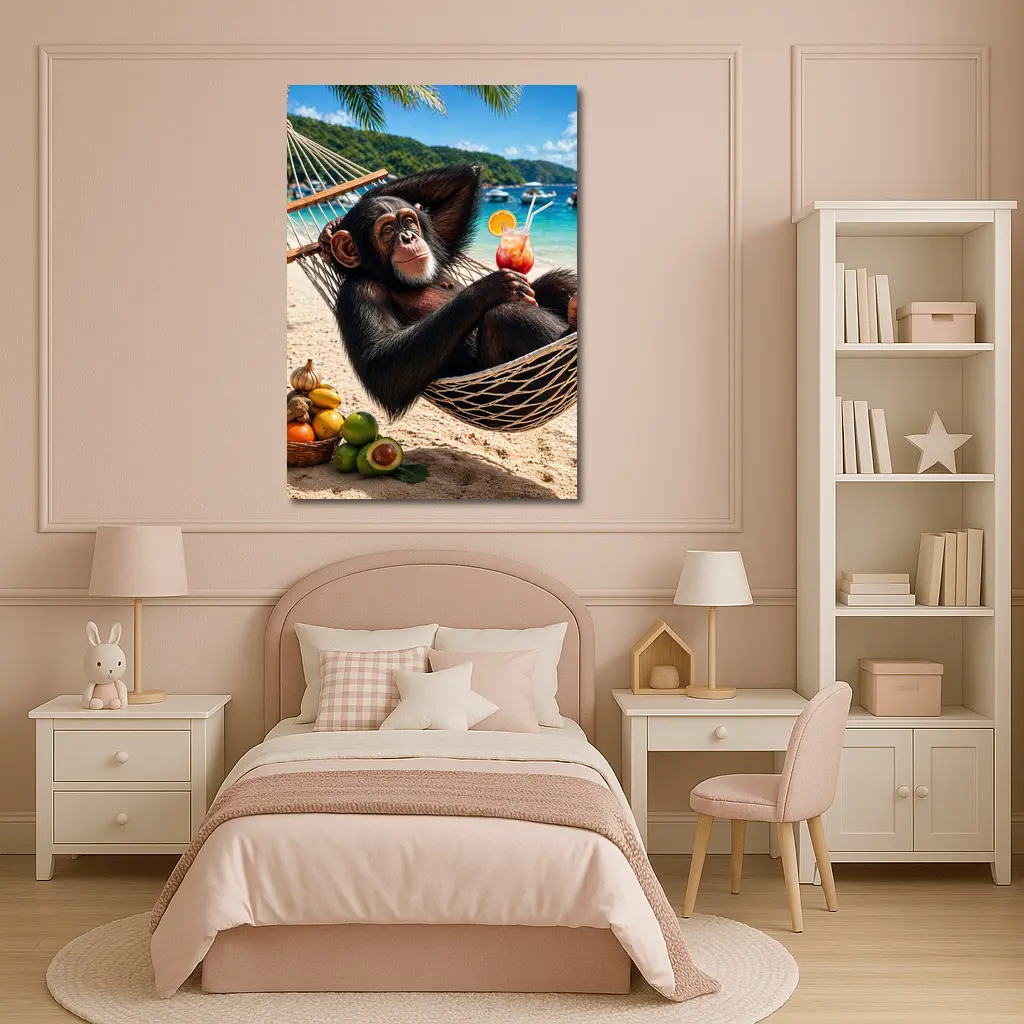 Chimpanzee Relaxing in Hammock Beach Cocktail – Wall Art
