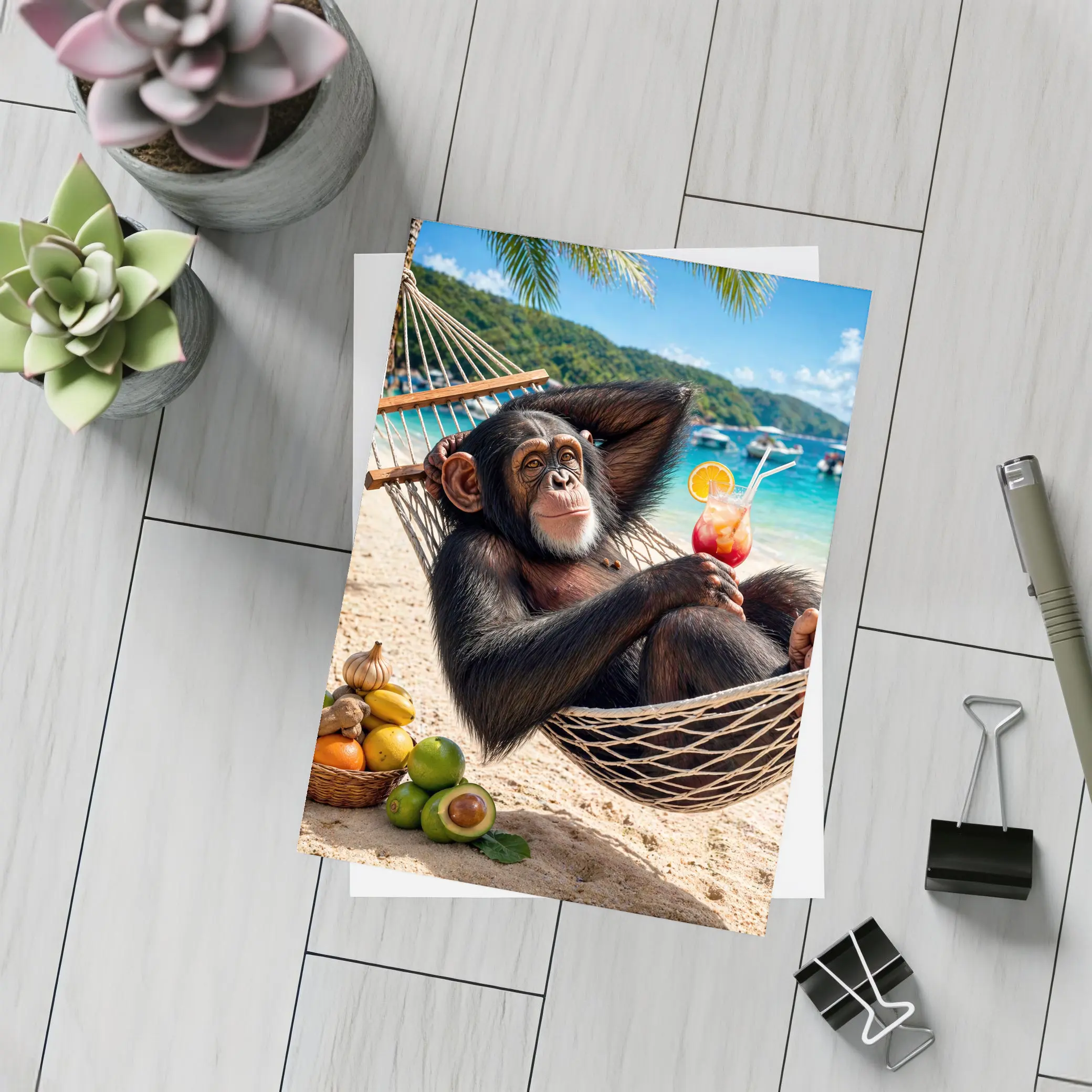 Chimpanzee Relaxing in Hammock Beach Cocktail – Postcards