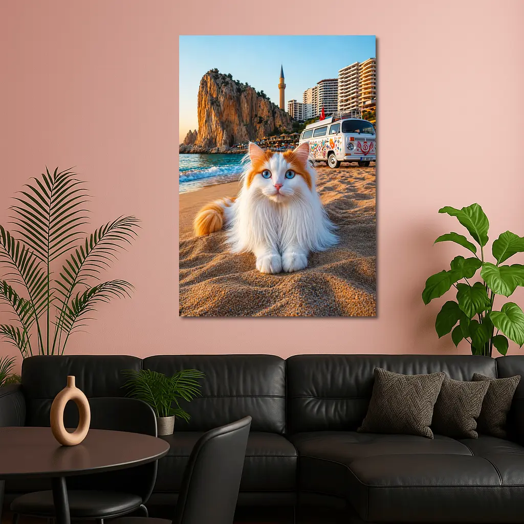 Turkish Van Cat on Sandy Beach Turkey – Wall Art