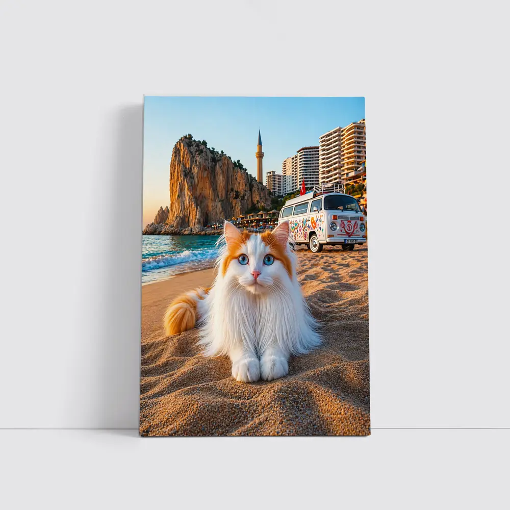 Turkish Van Cat on Sandy Beach Turkey – Wall Art