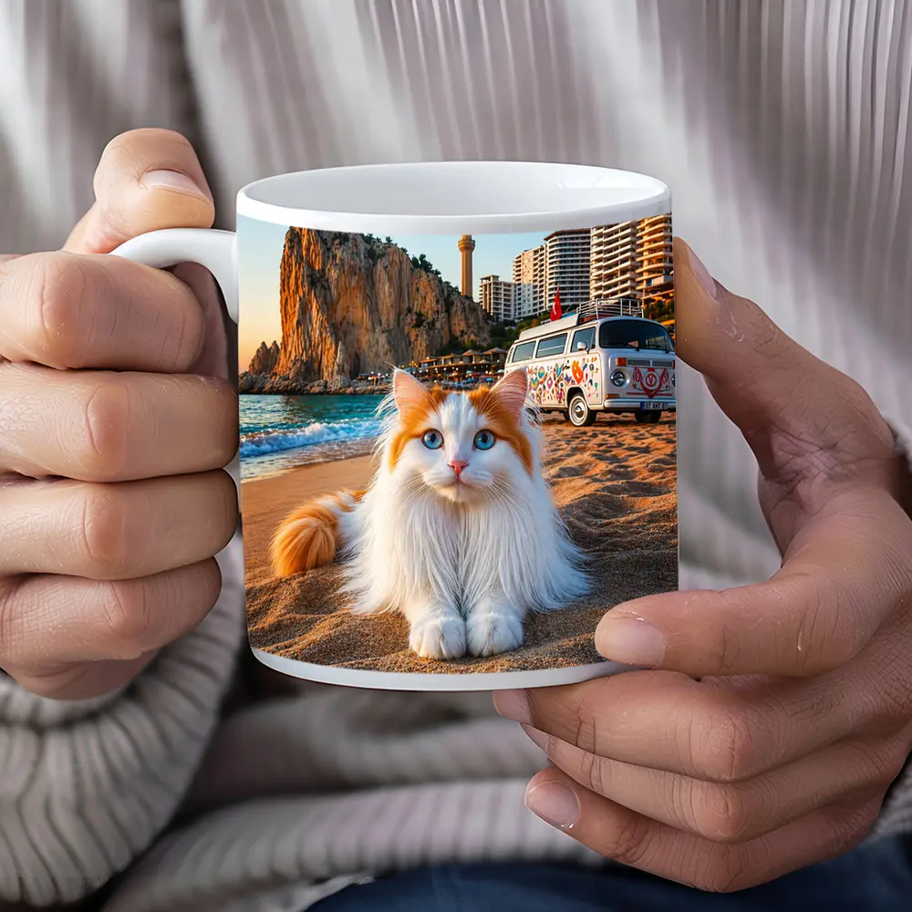 Turkish Van Cat on Sandy Beach Turkey – Mugs