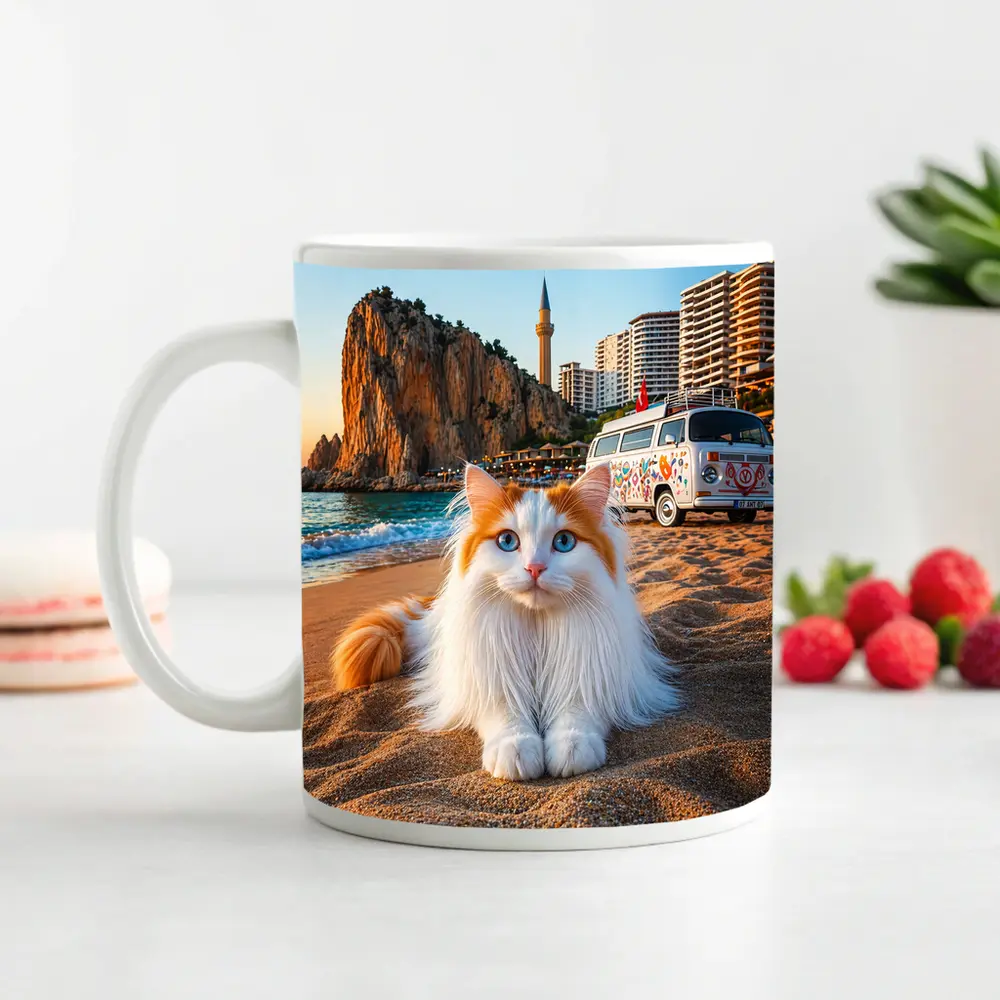 Turkish Van Cat on Sandy Beach Turkey – Mugs
