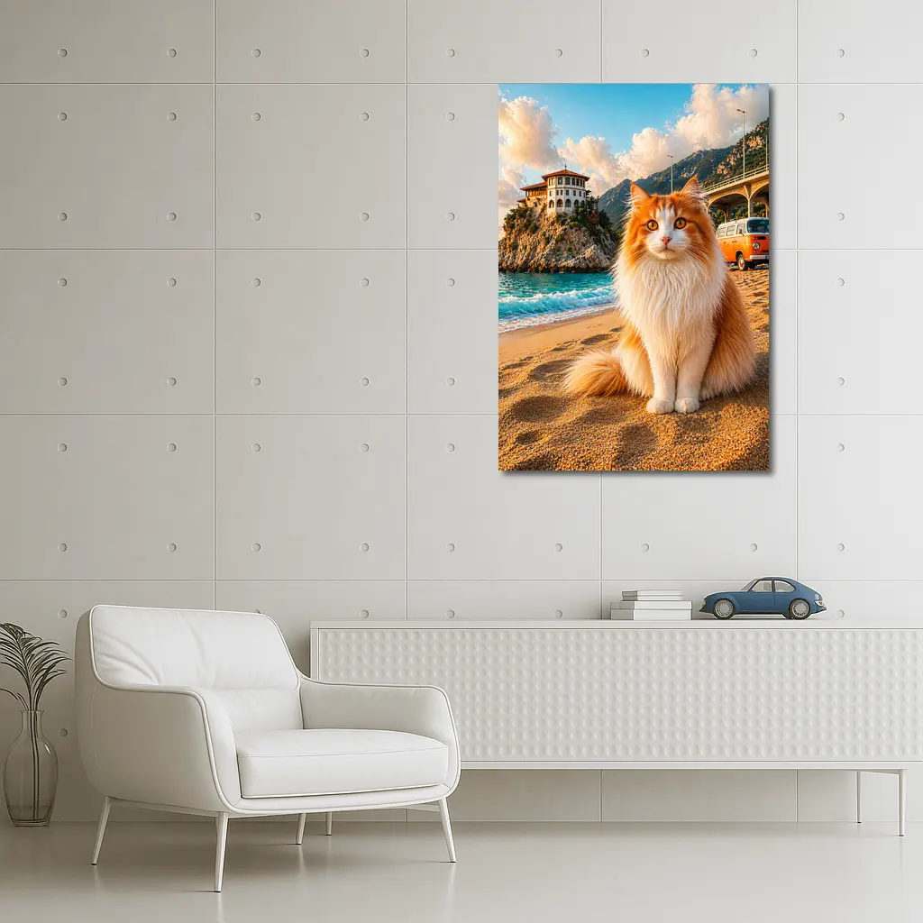 Turkish Van Cat on Sunny Beach Shore – Wall Art