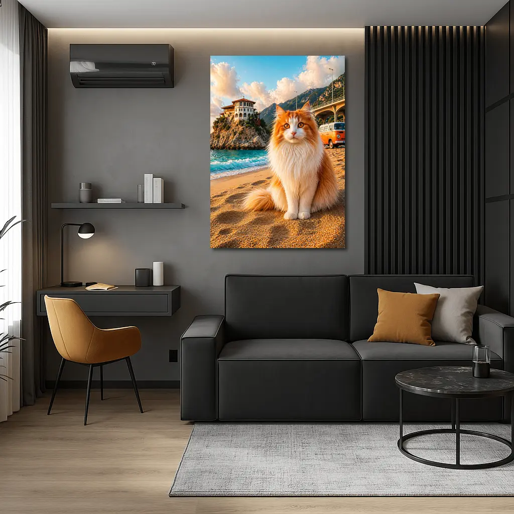 Turkish Van Cat on Sunny Beach Shore – Wall Art