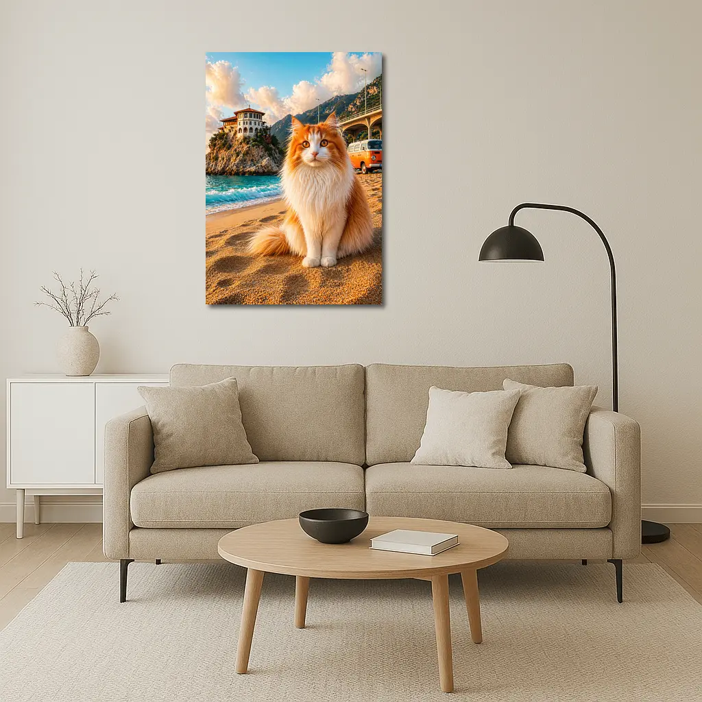 Turkish Van Cat on Sunny Beach Shore – Wall Art