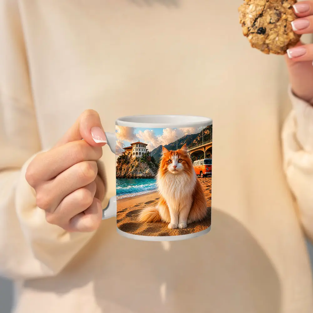 Turkish Van Cat on Sunny Beach Shore – Mugs
