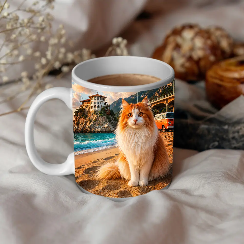 Turkish Van Cat on Sunny Beach Shore – Mugs