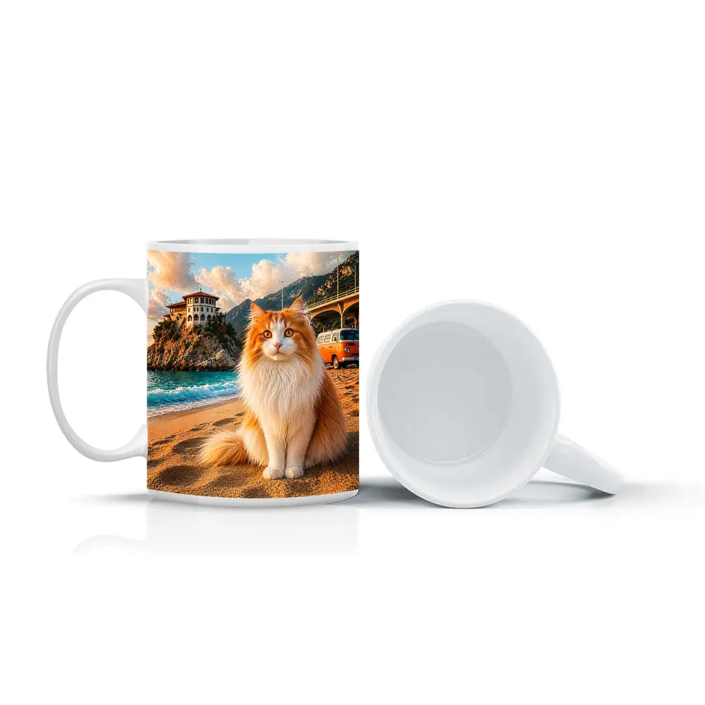 Turkish Van Cat on Sunny Beach Shore – Mugs