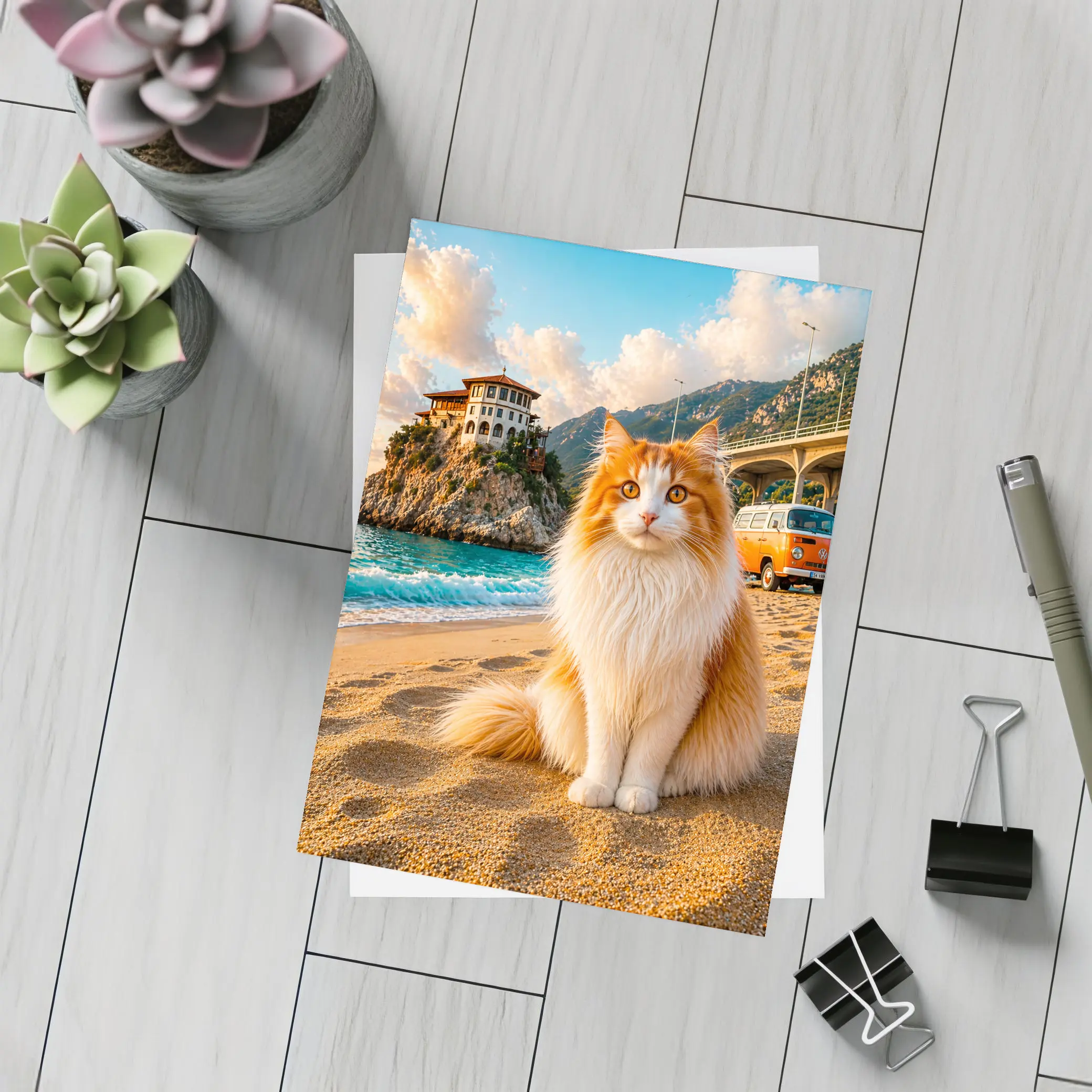 Turkish Van Cat on Sunny Beach Shore – Postcards