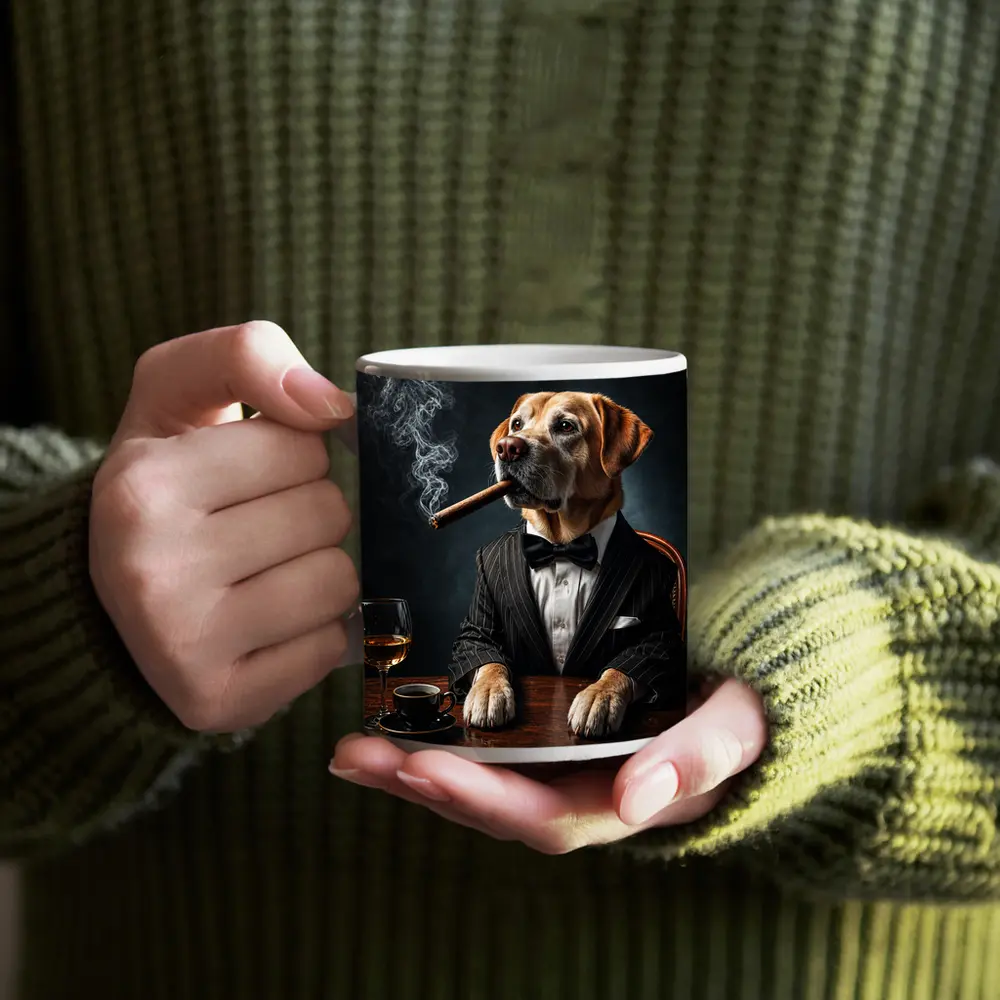 Labrador Retriever Tuxedo Godfather Dark Background – Mugs