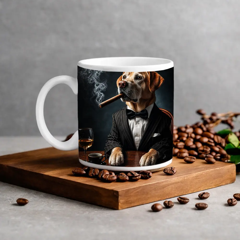 Labrador Retriever Tuxedo Godfather Dark Background – Mugs